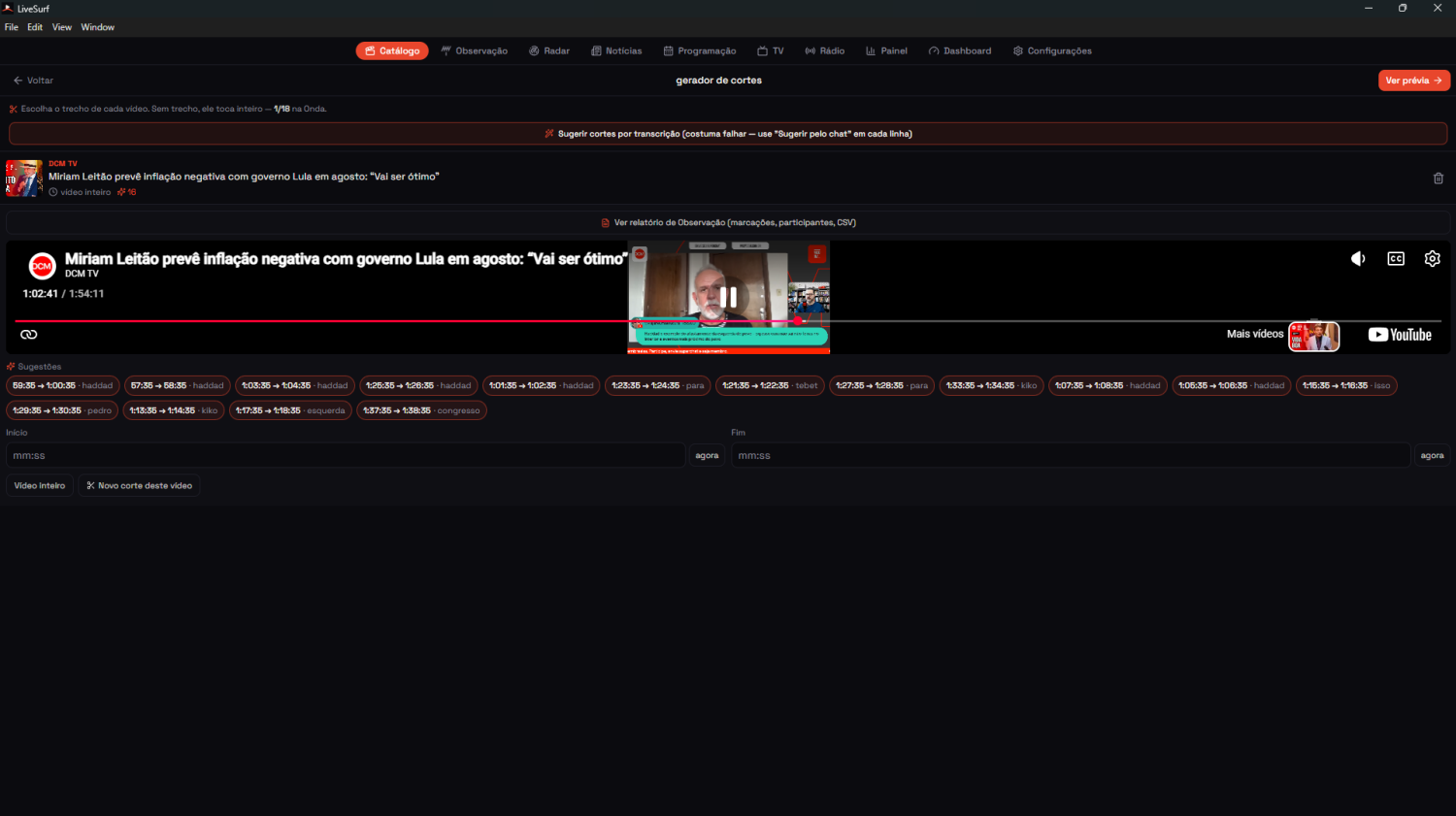 Gerador de cortes com sugestões automáticas de trechos a partir do comportamento do chat, e campos de início e fim para marcação manual