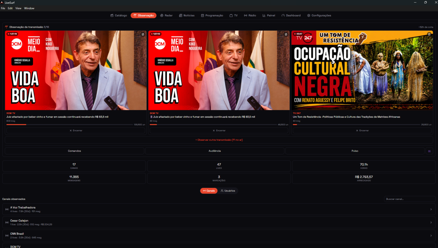 Painel de observação com três transmissões acompanhadas ao mesmo tempo, incluindo duas lives simultâneas do mesmo canal